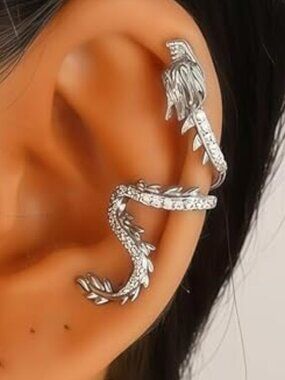 2 Silver Dragon Ear Cuff‎ Non Piercing Rhinestone Dragon's Goth Punk Mythical